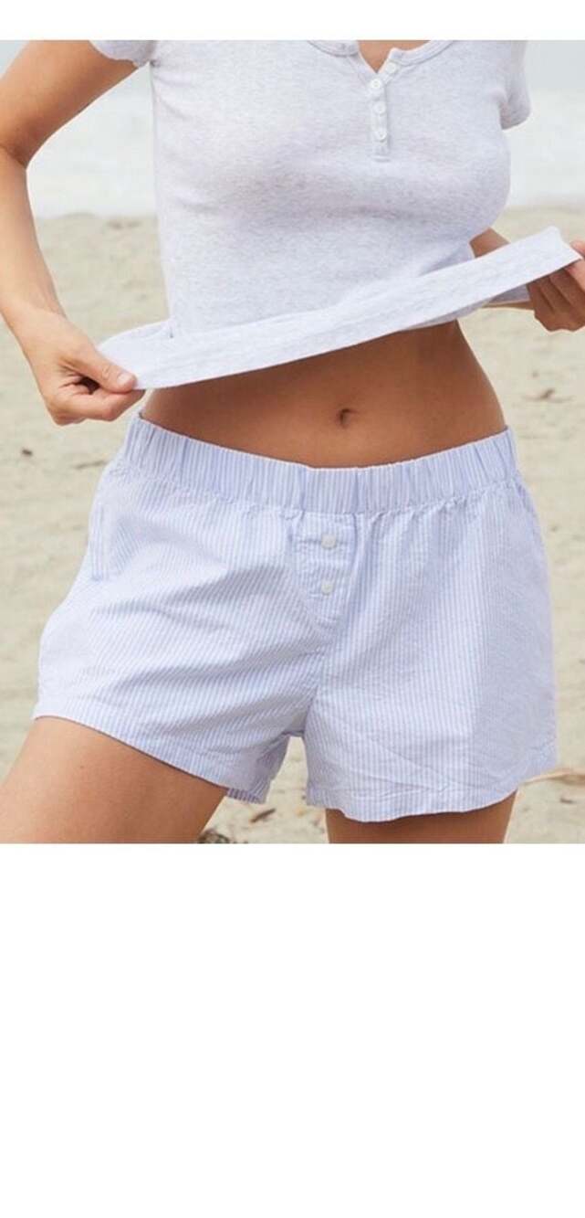 Brandy Melville Blue and White Striped Cotton Boxer Pajama Shorts OS Y2K
